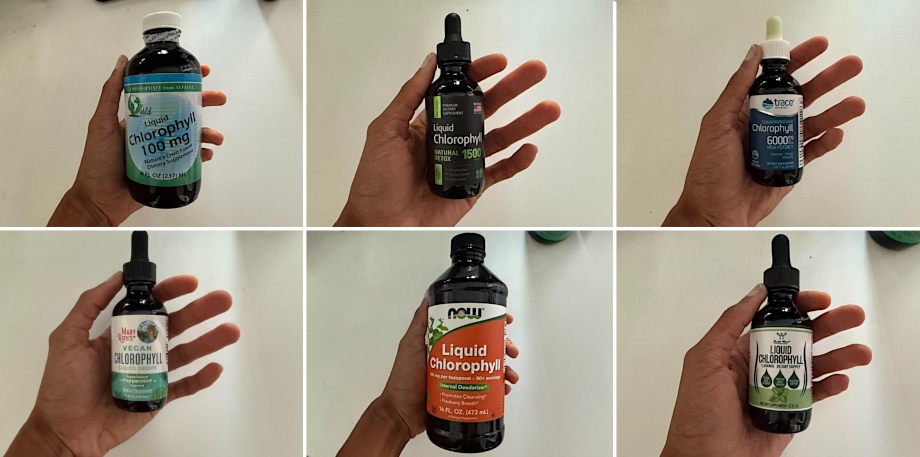A collage of hands holding bottles of the best liquid chlorophyll supplements.
