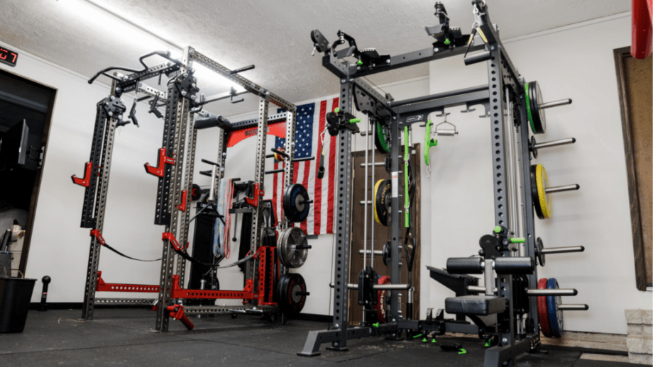 Squat racks set up in a gym