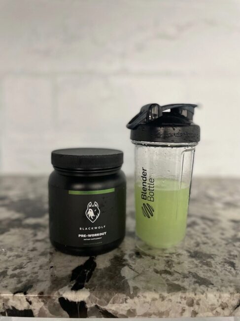 An image of BlackWolf pre-workout in a shaker