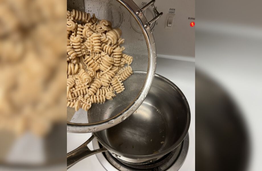 Straining pasta for a Blue Apron meal