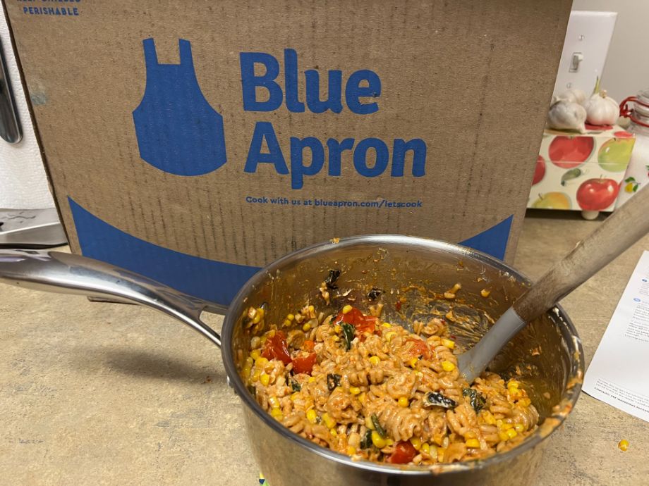 Pasta meal in front of Blue Apron box