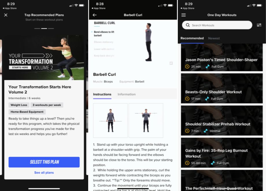 Screenshots of the BodyFit app