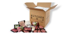 butcher box protein box open with various animal proteins like hamburgers and steaks