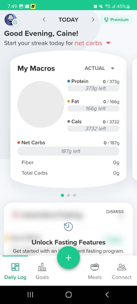 Carb Manager macro screen