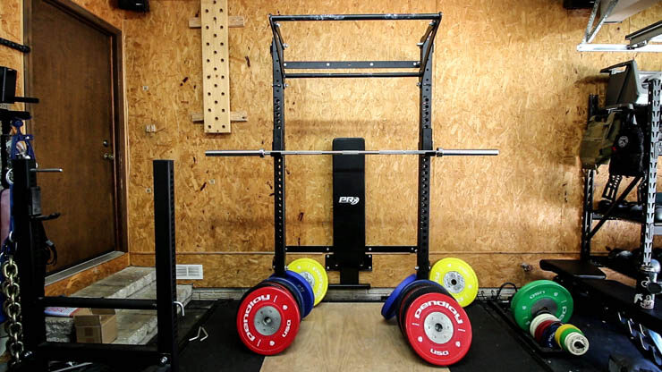 PRx Performance Profile Squat Rack and bench withe bumper plates