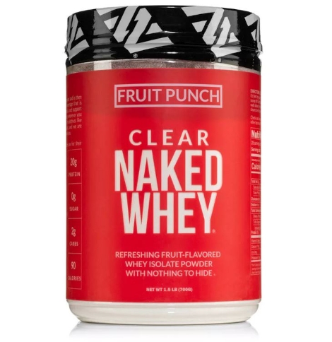 A red container of Clear Naked Whey protein powder is displayed.