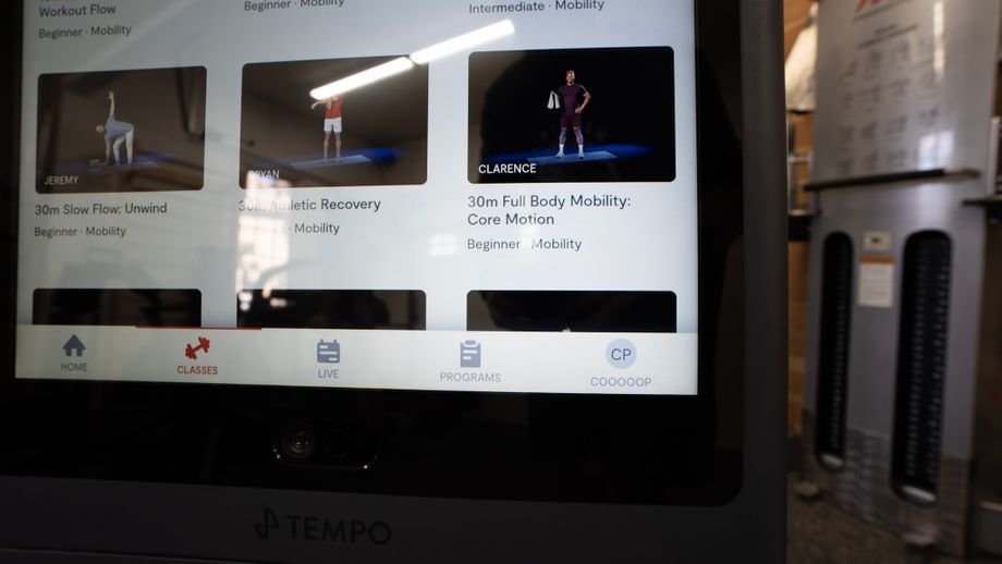 Closeup of the screen on Tempo Studio showing workout options