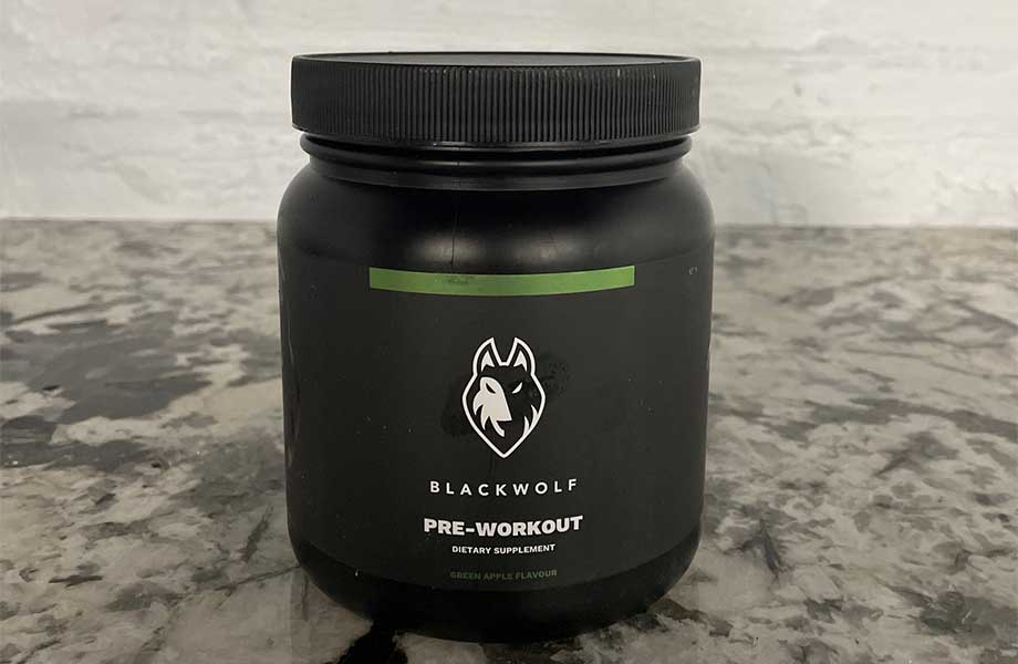 A front and center view of a container of BlackWolf Pre-Workout.