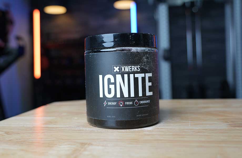 A container of XWERKS Ignite Pre-Workout is shown.
