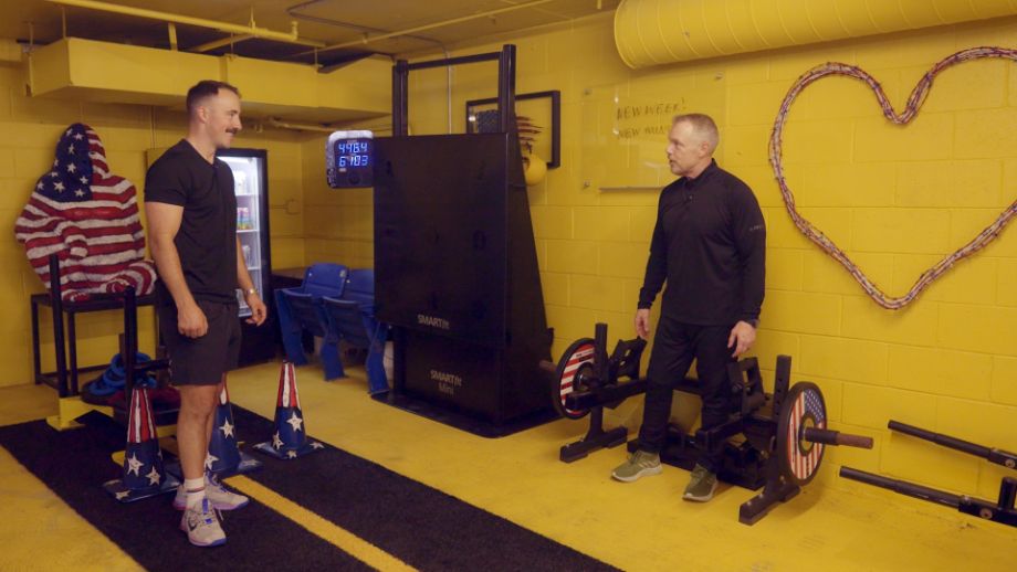 Coop and Gunnar in the basement of Gunnar's gym.