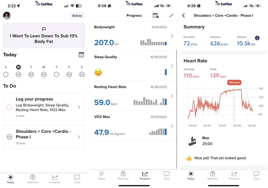 Screenshots of the CoPilot Fitness dashboard.