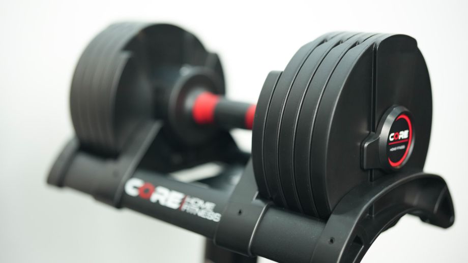 Core Home Fitness dumbbell in its weight cradle