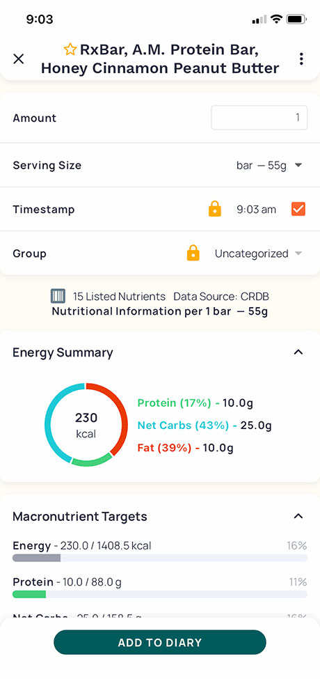 Screenshot of RxBar Cronometer scan.