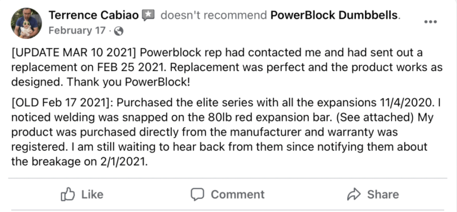 customer's review of PowerBlocks on Facebook