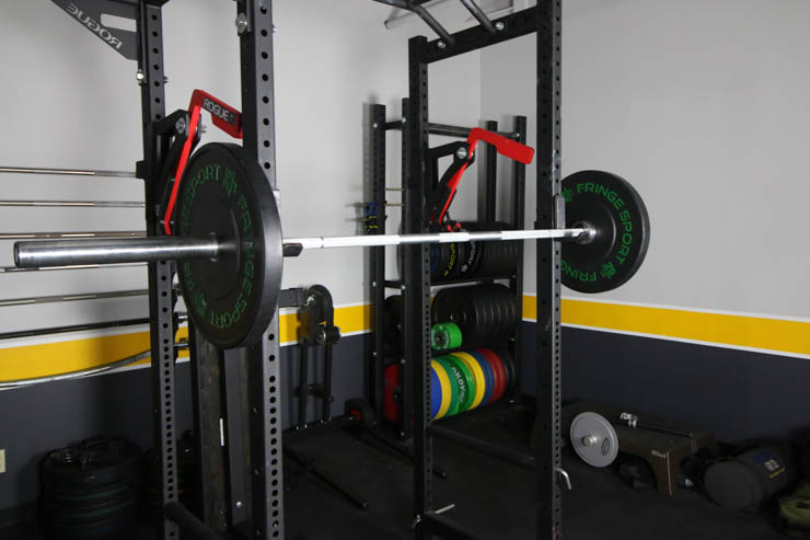 Fringe Sport Bumper Plates on a squat rack