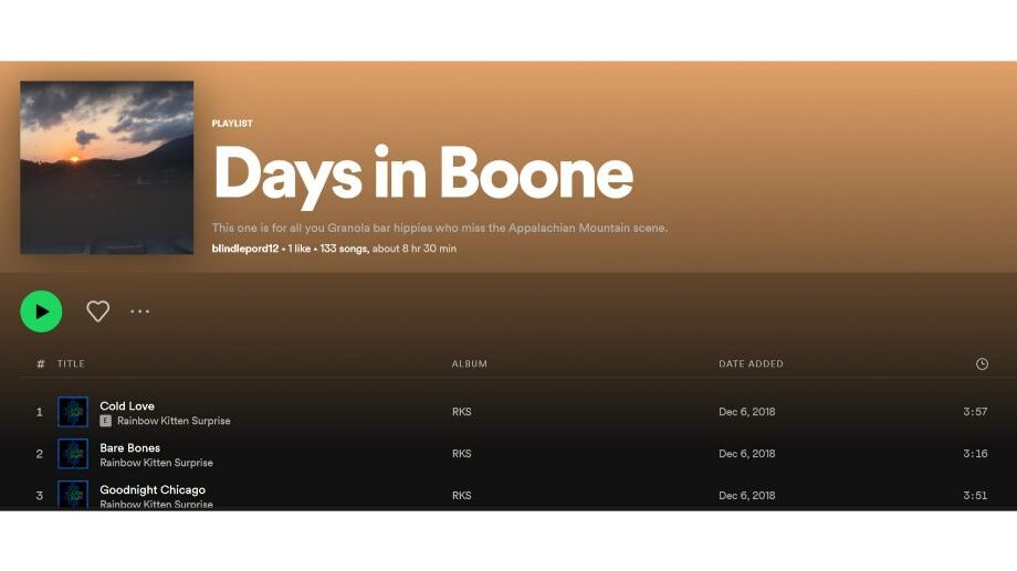 days in boone spotify playlist