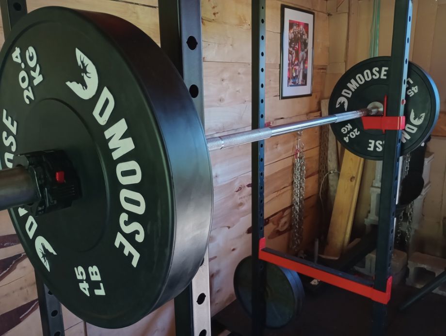 Picture of the DMoose Regional Barbell loaded in a squat rack