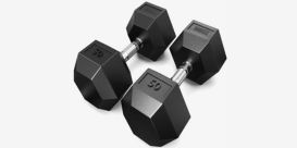 Image of 50-pound DMoose Rubber Hex Dumbbells