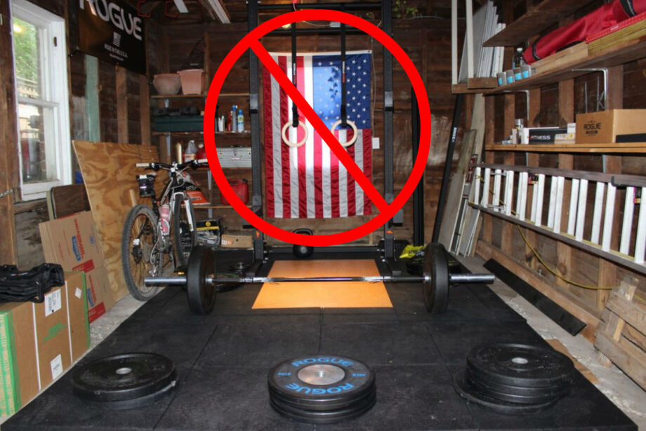 incorrect way of hanging up an american flag in a garage gym