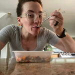 Our tester eats a premade beef stirfry from the Dinnerly meal delivery service.
