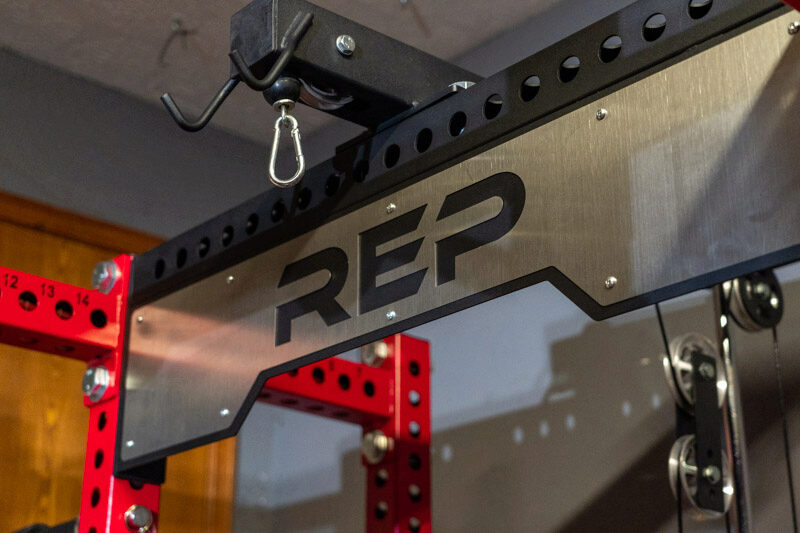 The laser-cut logo plate on the REP Fitness PR-5000 Power Rack
