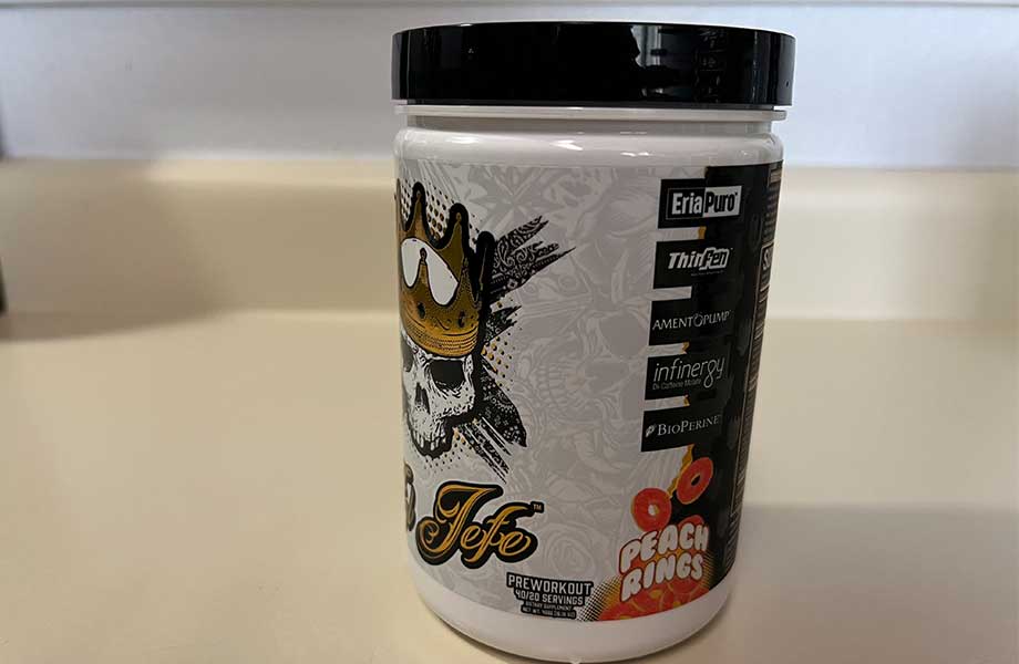 A close up view of the side of an El Jefe Pre-Workout container. Don't worry, it's their good side.