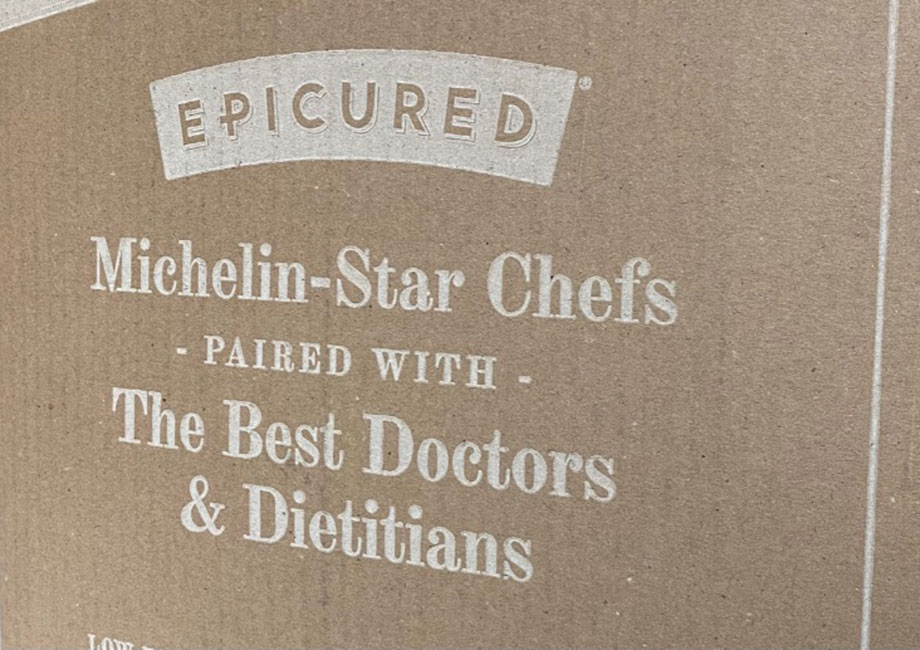 Close look at the label on a shipping box from the Epicured Meal Delivery Service.