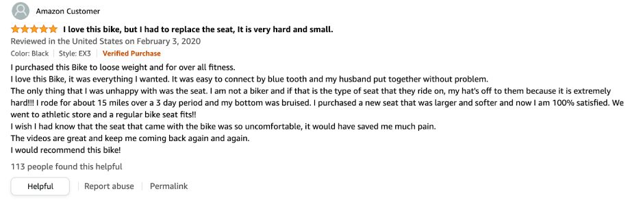 A positive customer review for the Echelon EX-3 bike