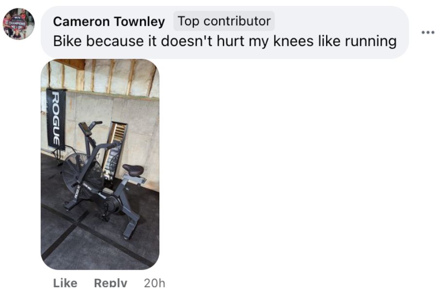 a facebook comment responding to a poll on whether people like exercise bikes or treadmills. The respondent, Cameron Townley, said this: Bike because it doesn't hurt my knees like running