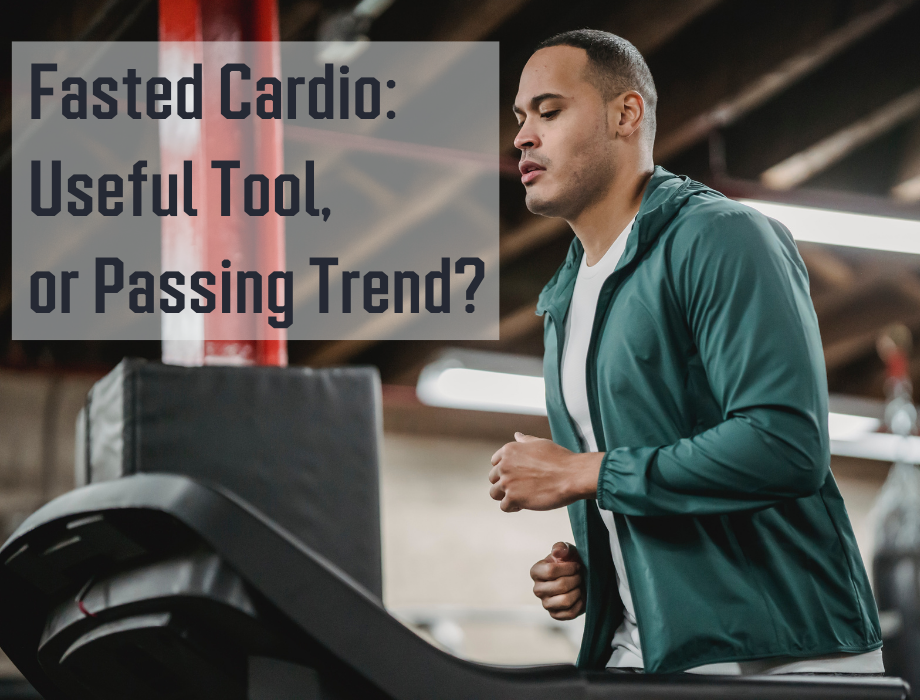 Man running on treadmill with words about fasted cardio
