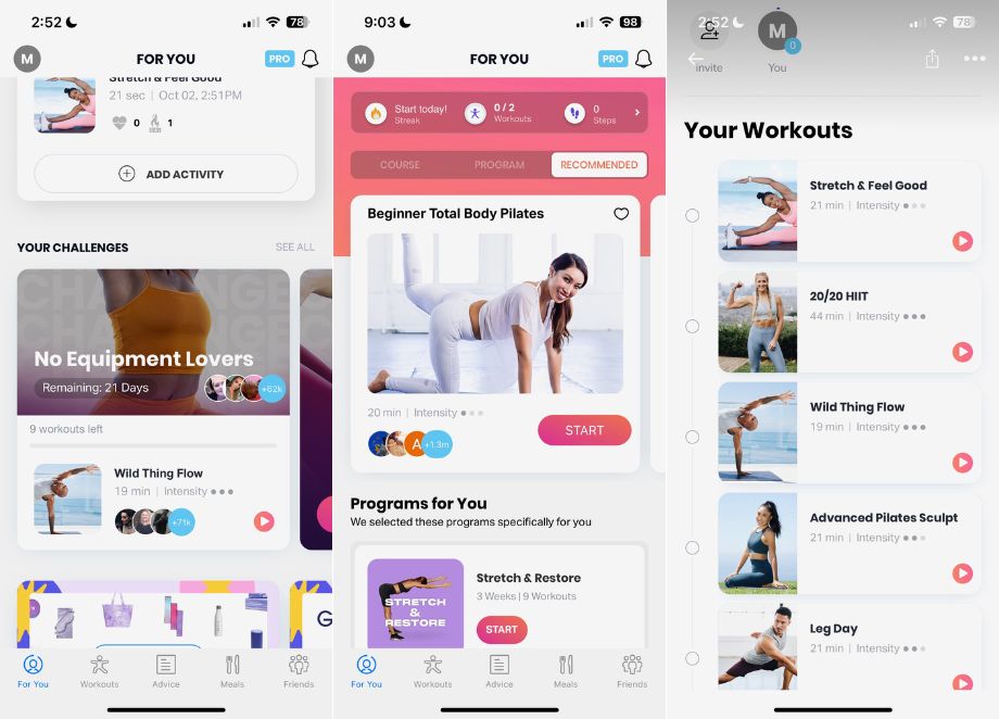 Screenshots of one of the best free workout apps Fiton