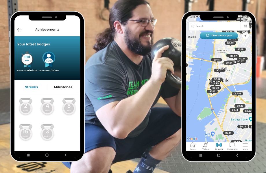 Olympian Caine Wilkes is shown between screenshots of badge and geotagging features in the FlexIt fitness app.