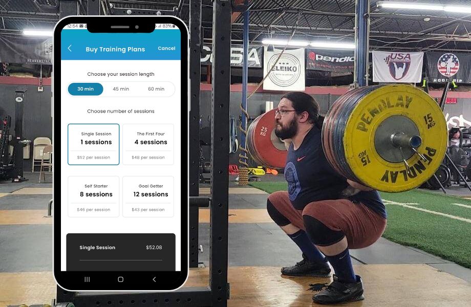 A screenshot of the FlexIt fitness app next to Olympian Caine Wilkes shows pricing options for training sessions.