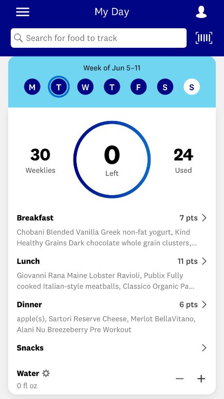 snapshot of WeightWatchers app: Daily tracking food