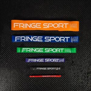Up close photo of six fringe sports latex free resistance bands in assorted colors and sizes