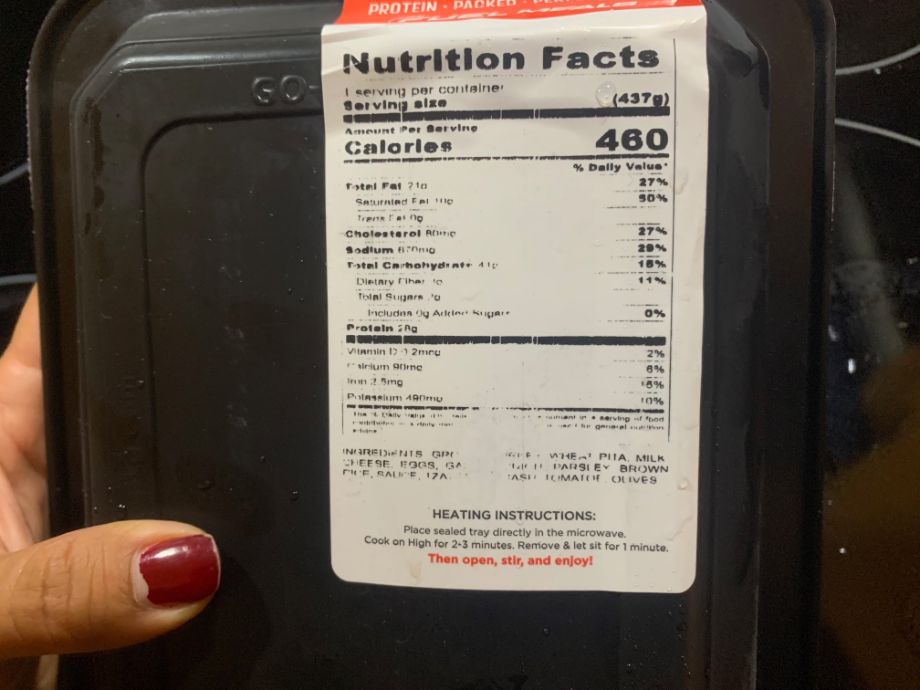 A poorly printed Nutrition Facts label from the Fuel Meals delivery service.