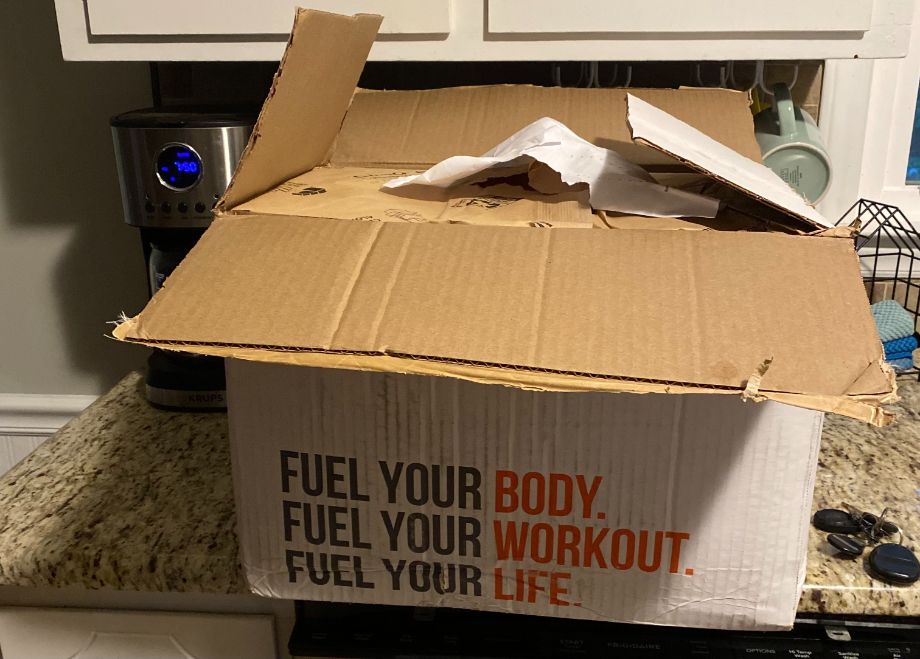 A box from the Fuel Meals delivery service.