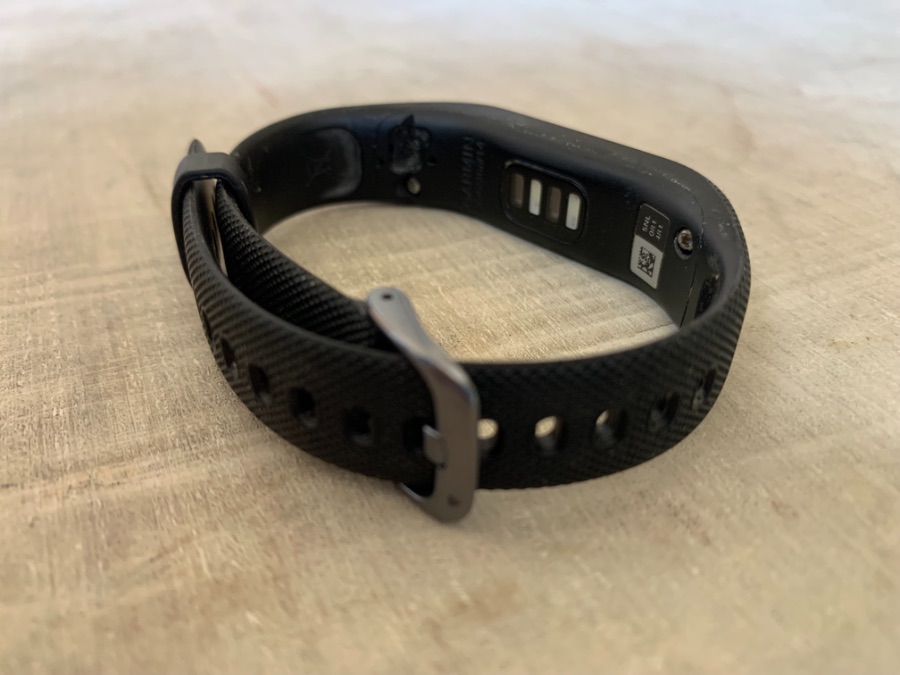 Closeup of the Garmin Vivosmart 4 activity tracker buckle and sensors