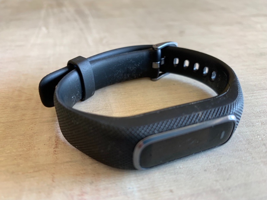 Closeup of the Garmin Vivosmart 4 activity tracker showing the detail of the silicone band
