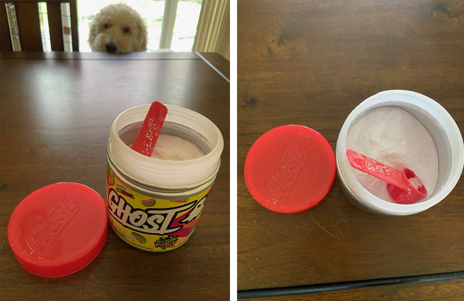 Two side-by-side pictures showing the inside of a Ghost BCAA container
