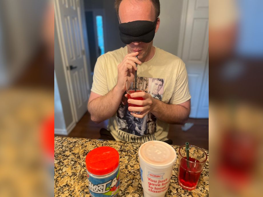 Man drinking Sonic-flavored Ghost Aminos compared to a Sonic drink