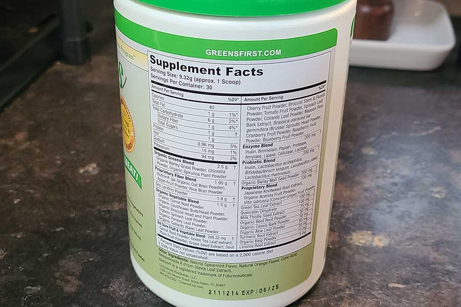 Greens First Supplement Facts Label