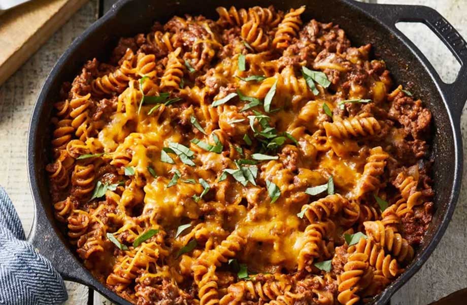 Ground beef and pasta dish in a skillet