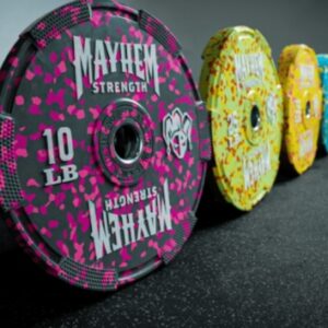 A series of Gymbro Mayhem Strength Neon-Fleck bumper plates are displayed in a row