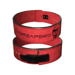 Front and back views of red Gymreapers 10mm lever belt.