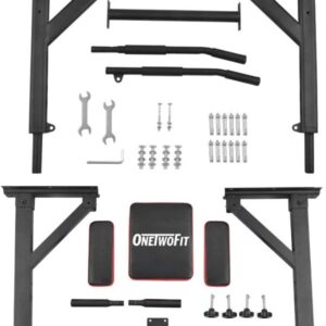 Picture showing the hardware that is included with OneTwoFit Wall Mounted Pull-Up Bar.