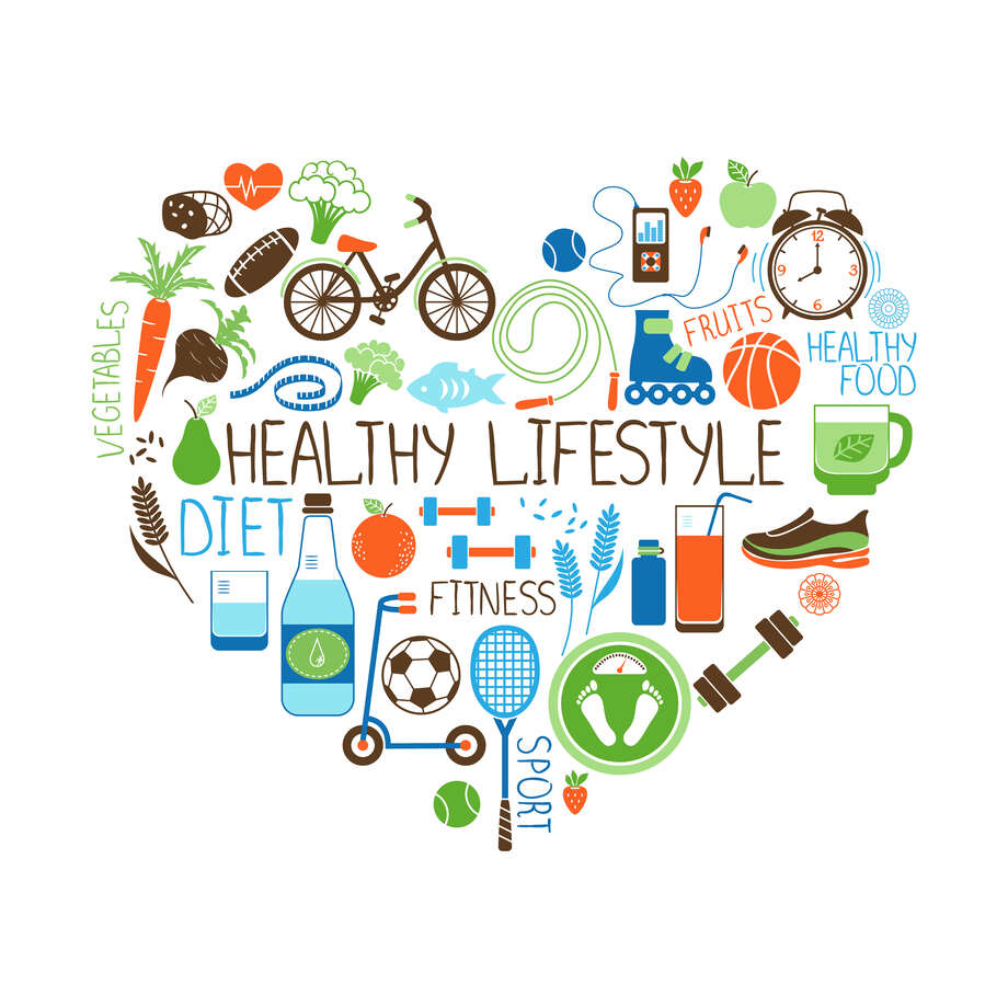 Healthy lifestyle diet and fitness vector sign in the shape of a heart with multiple icons depicting various sports vegetables cereals seafood meat fruit sleep weight and beverages