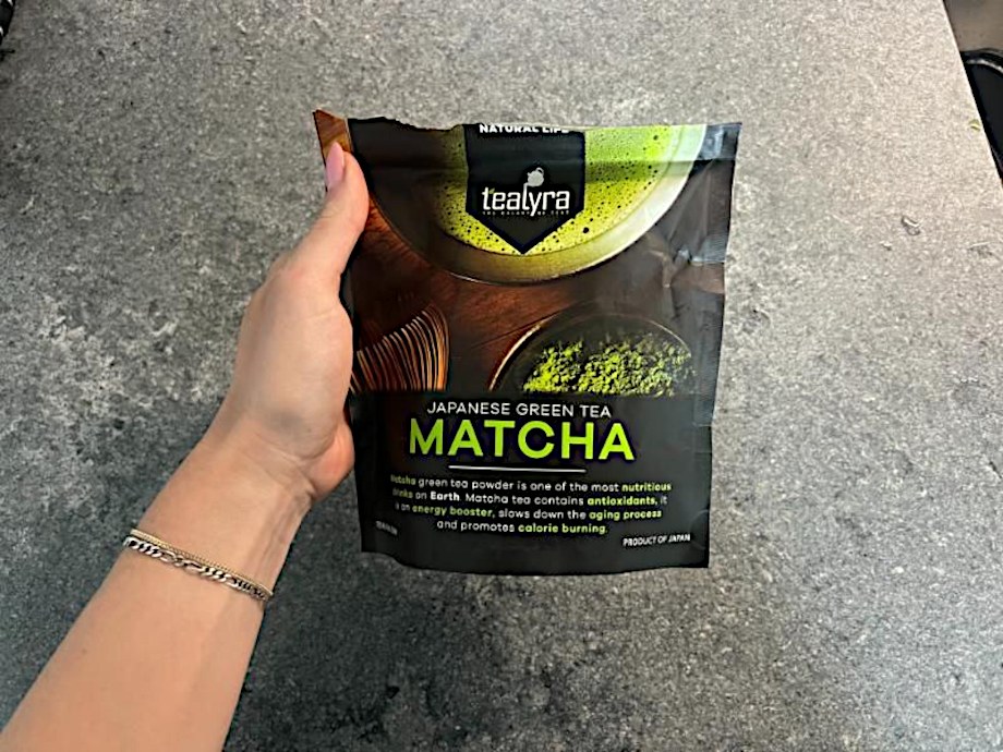 Our tester holding a bag of Tealyra Matcha