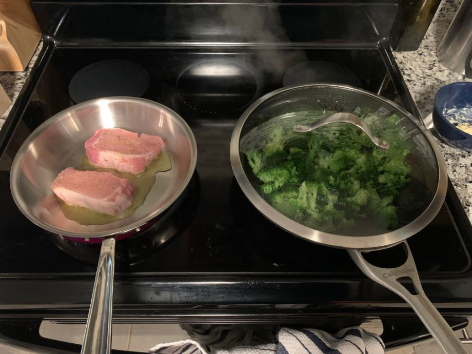 Cooking honey butter pork chops from the Home Chef meal delivery service.