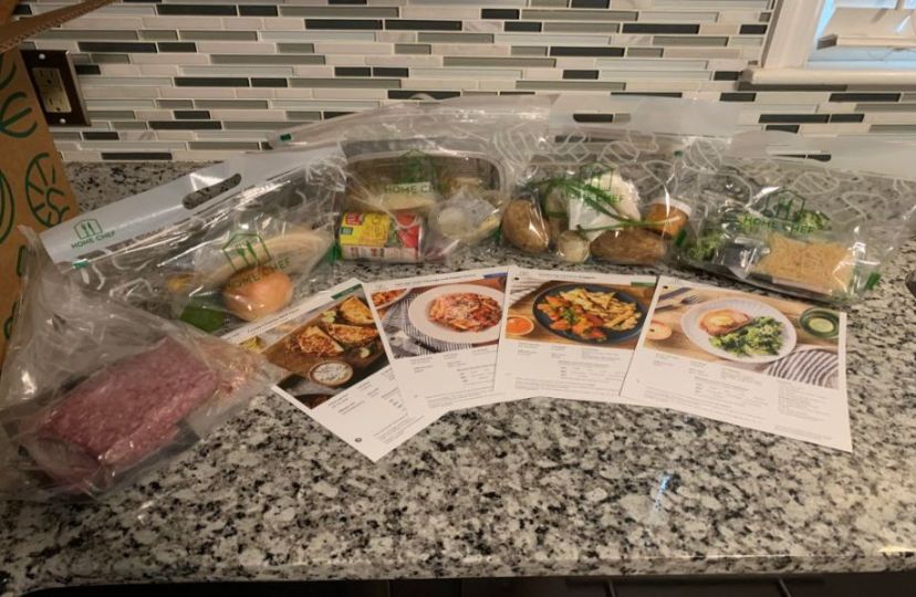 home chef meal ingredients and recipe cards